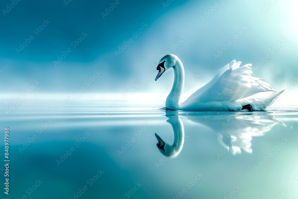 Obraz premium Serene Swan on Misty Lake. Elegant Swan Reflection on Calm Water