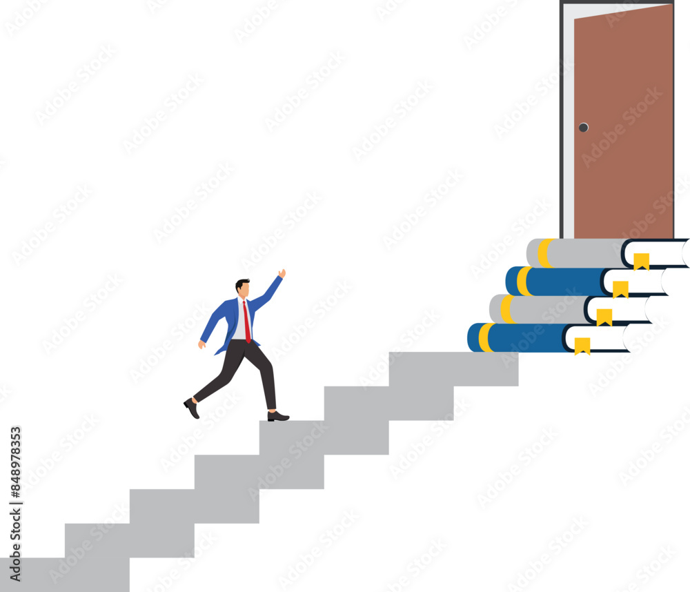 Education or learning for new opportunity, wisdom or knowledge to open door to success, solution, growth or career learning concept, businessman climb up book stack stair to reach opportunity door Education or learning for new opportunity, wisdom or knowledge to open door to success, solution, growth or career learning concept, businessman climb up book stack stair to reach opportunity door