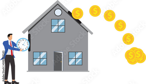 Time investment to make money, side hustle or revenue income, long term investment, pension or mutual fund, time value of money concept, businessman investor push clock in return of money coins