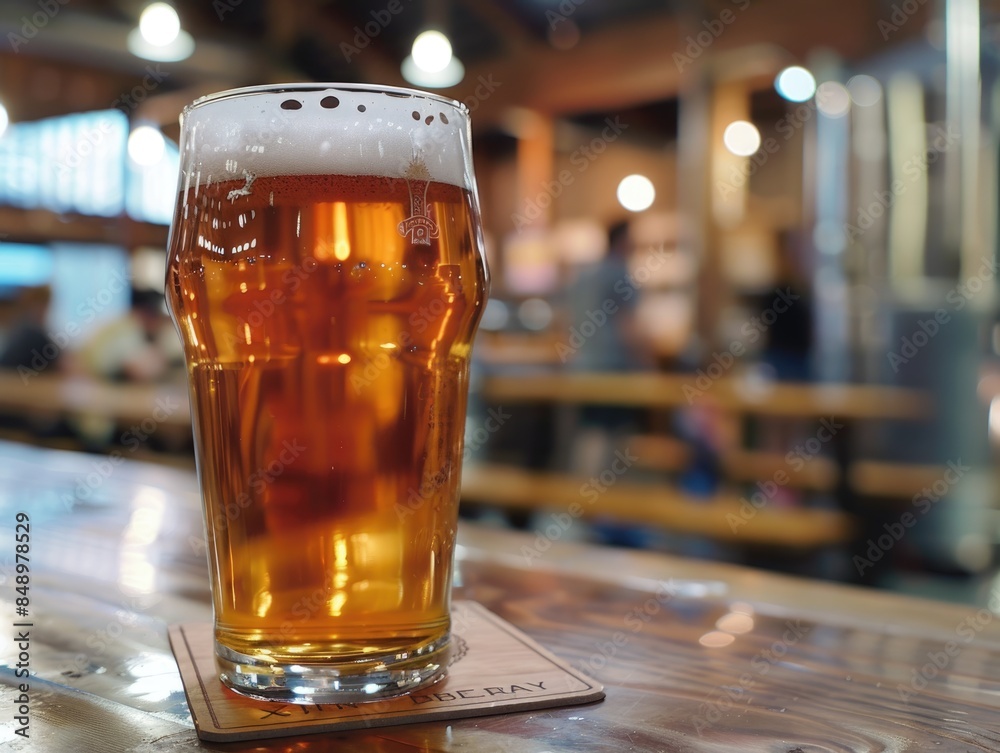 Celebration of Beer Day at Brewery with Pint of Lager on Coaster and Tourists Enjoying Tastings in Background