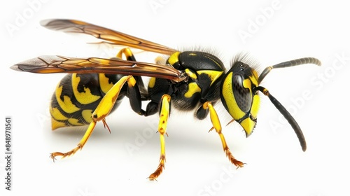 A fiercelooking wasp with yellow and black stripes isolated on a white background