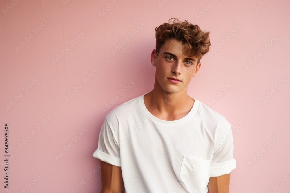 Portrait of a tender man in his 20s donning a trendy cropped top in front of solid pastel color wall Portrait of a tender man in his 20s donning a trendy cropped top in front of solid pastel color wall