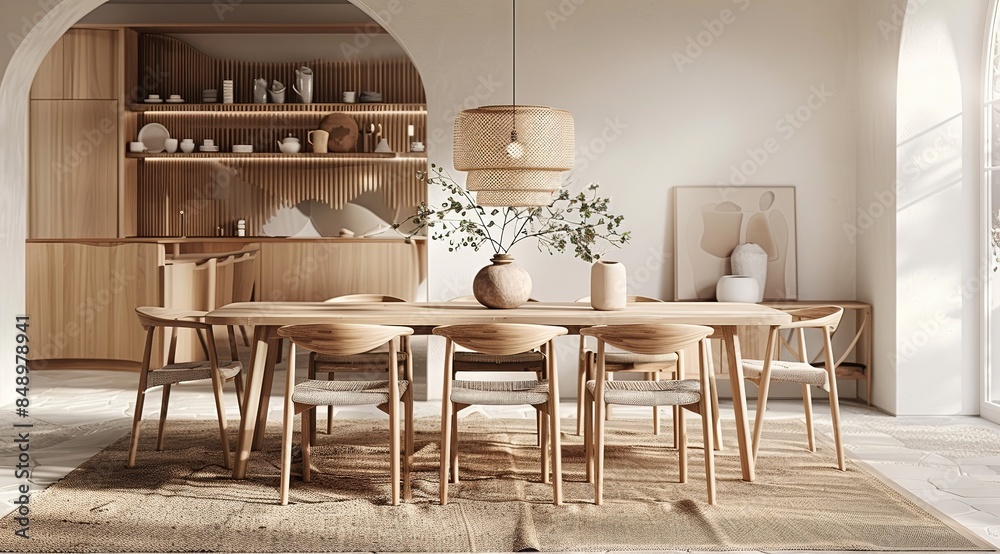 Scandinavian-style dining table with an oval-shaped tabletop and four chairs in light oak tones. Featuring minimalist lines and contemporary style with hanging glass pendant lights and warm, soft ligh Scandinavian-style dining table with an oval-shaped tabletop and four chairs in light oak tones. Featuring minimalist lines and contemporary style with hanging glass pendant lights and warm, soft ligh