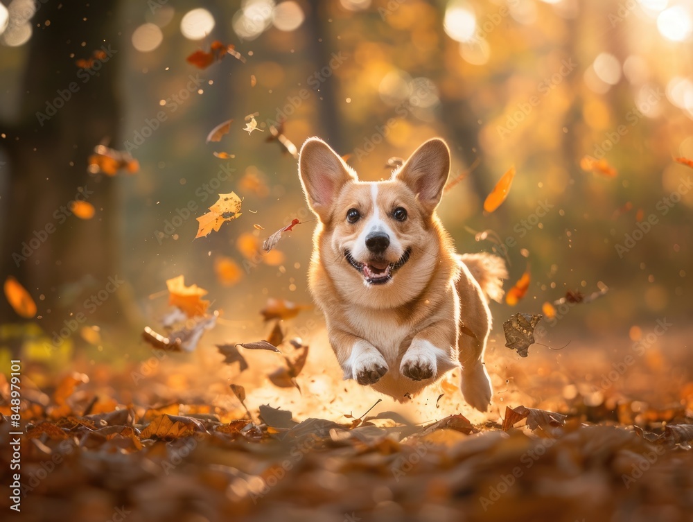 Playful Corgi Enjoying Autumn Forest Run - Joyful Nature P Playful Corgi Enjoying Autumn Forest Run - Joyful Nature P