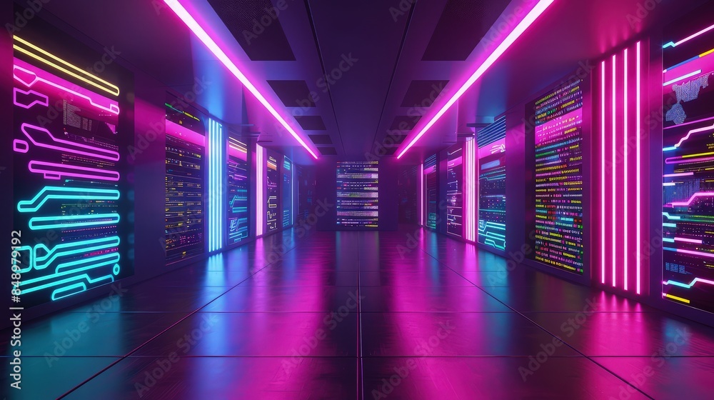 Fototapeta premium Futuristic server room hallway with vibrant neon pink and blue circuit board lighting offers a dynamic backdrop for technology advertising.