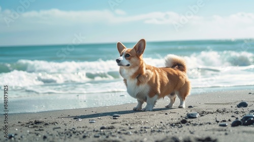Happy Corgi Enjoying Sunny Day at Beach - Relaxing Travel Photography with Ocean Waves 