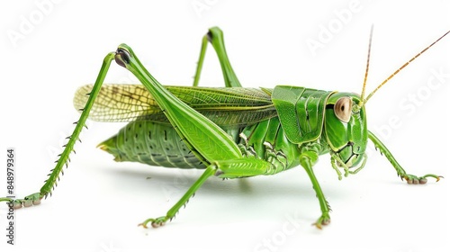 A green grasshopper with powerful hind legs and detailed exoskeleton isolated on a white background © JK_kyoto
