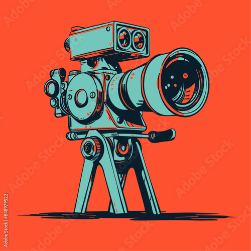 old film camera on tripod, vector hand drawn illustration clip art