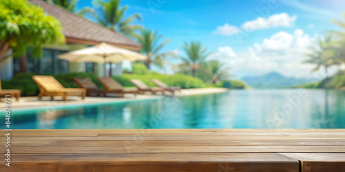 Empty table top and blurred swimming pool in tropical resort in summer for display or montage your products. 