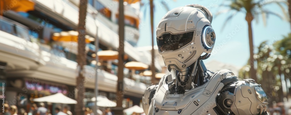 Advanced humanoid robot in city interacts with humans, showcasing AI in daily life. Advanced humanoid robot in city interacts with humans, showcasing AI in daily life.