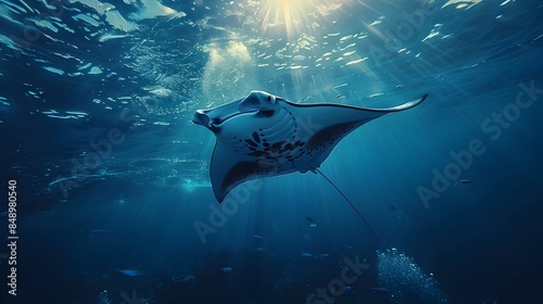 Majestic Manta Ray Gliding Effortlessly Through Azure Ocean Depths Surrounded by Smaller Fish © Thares2020