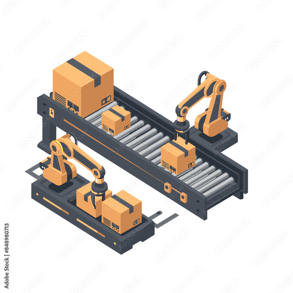 A simple vector graphic of an industrial robot moving boxes on a conveyor belt, shown in an isometric view with a white background A simple vector graphic of an industrial robot moving boxes on a conveyor belt, shown in an isometric view with a white background