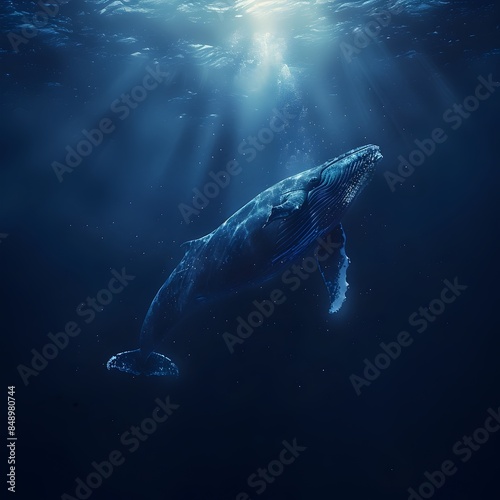 Majestic Blue Whale Gliding Through Deep Blue Waters Dwarfing the Marine Life Around It