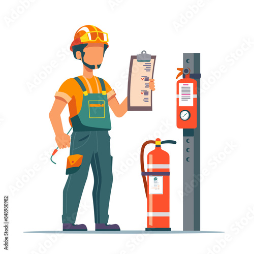 A man in overalls with a helmet and gloves stands next to a fire extinguisher