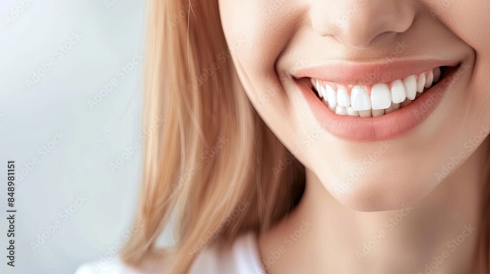 Obraz premium Brightly Smiling Woman with Healthy Teeth Against a Clean Background - Perfect for Dental Promotions and Advertisements