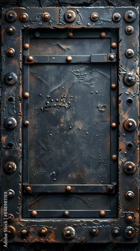 Gritty Industrial Style Metal Frame with Riveted Corners and Metallic Textures on Black Background Gritty Industrial Style Metal Frame with Riveted Corners and Metallic Textures on Black Background