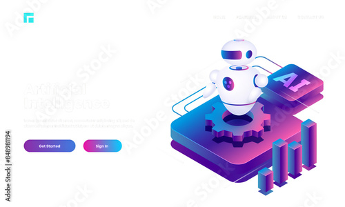 Isometric illustration of Android robot with cog wheel and bar graph for Artificial Intelligence concept. photo