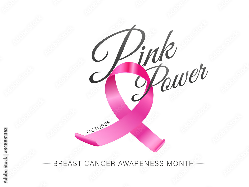 Obraz premium Calligraphy of Pink Power with breast cancer ribbon on white background for Awareness Month concept.
