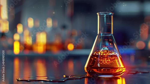 Erlenmeyer tube with orange liquid in laboratory, video footage, blurry background. photo