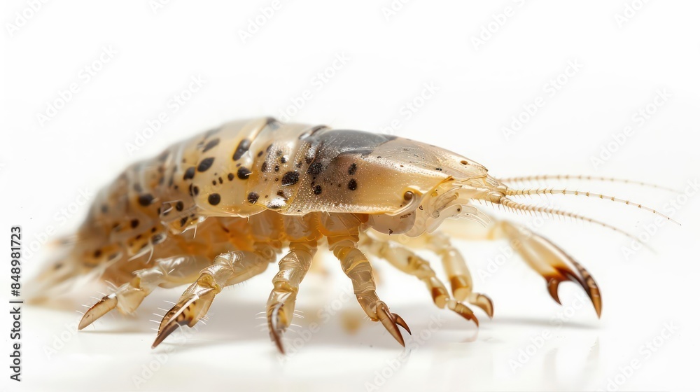 A louse with tiny, grasping claws and segmented body isolated on a white background A louse with tiny, grasping claws and segmented body isolated on a white background