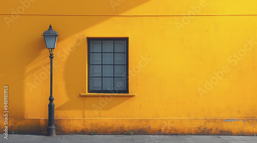 A street lamp is next to a window on a yellow wall