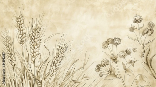 Inspirational Biblical Illustration: Parable of the Weeds, Wheat and Weeds, Beige Background, Copyspace