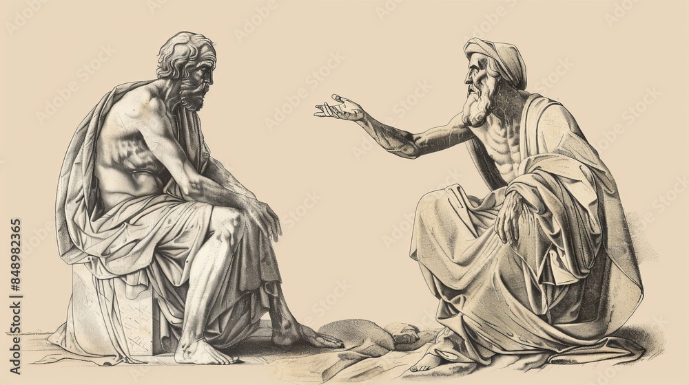 Fototapeta premium Visual of Rich Man and His Manager Parable: Manager Shrewdly Securing Future, Beige Background, Biblical Illustration, Copyspace