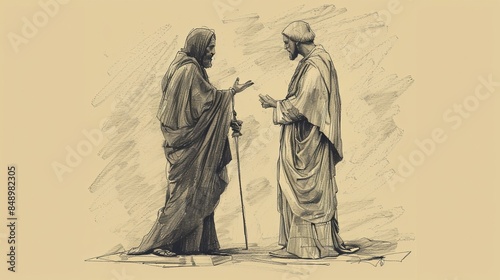 Visual of Unjust Judge Parable: Widow Persistently Seeking Justice, Beige Background, Biblical Illustration, Copyspace