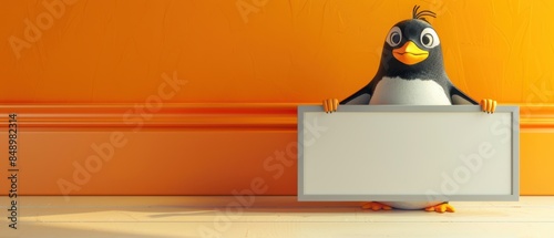A curious penguin presenting a large blank white sign, set against a bright backdrop Suitable for custom text or graphics