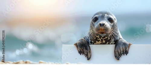 A curious seal gripping a large blank white sign, in front of a bright background Perfect for custom text or graphics photo