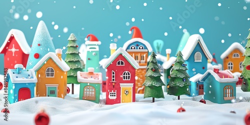 Wallpaper Mural 3d, a greeting card with houses and trees in the snow, colorful cartoon illustration of smiling characters, bold lines, simple shapes, flat design, textured illustrations, Christmas theme, Torontodigital.ca