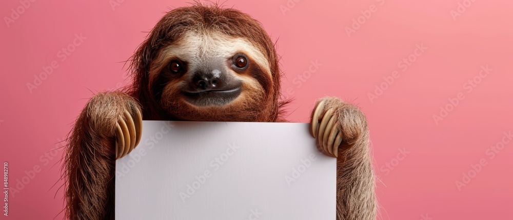 A delightful sloth holding a large blank white sign looking at the bright background, great for personalized messages A delightful sloth holding a large blank white sign looking at the bright background, great for personalized messages