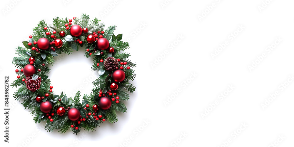 A bright red and green Christmas wreath on a white background, an empty space for text. Template for a Christmas poster, banner, flyer. A bright red and green Christmas wreath on a white background, an empty space for text. Template for a Christmas poster, banner, flyer.