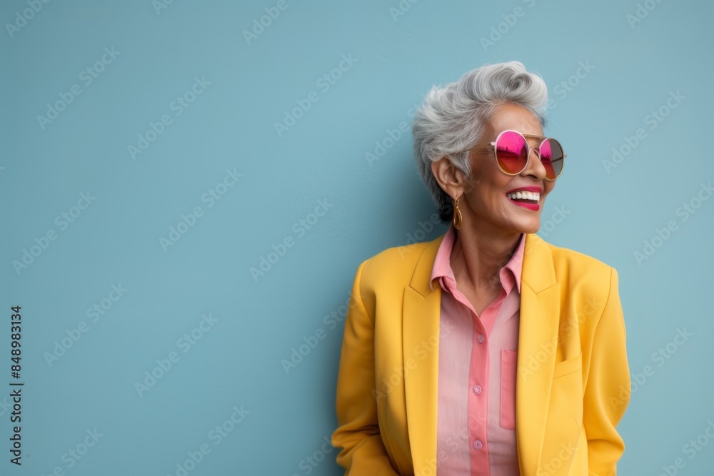 Portrait of a glad indian woman in her 80s dressed in a stylish blazer on solid pastel color wall Portrait of a glad indian woman in her 80s dressed in a stylish blazer on solid pastel color wall