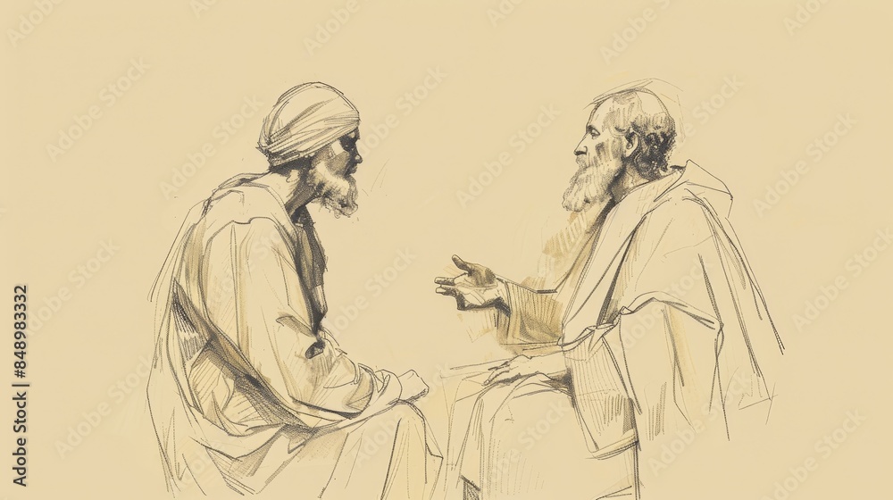 Obraz premium Inspirational Biblical Illustration: Parable of the Unmerciful Servant, Demanding Repayment, Beige Background, Copyspace