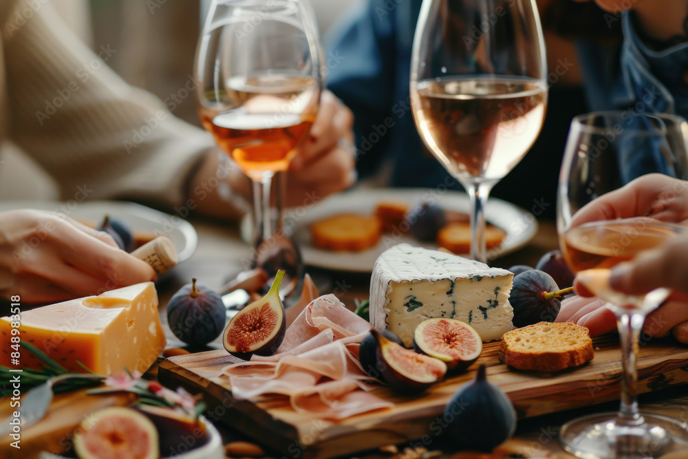 Friends having a wine tasting party in a rustic winery, with varieties of cheeses and figs on a beautifully decorated table Friends having a wine tasting party in a rustic winery, with varieties of cheeses and figs on a beautifully decorated table