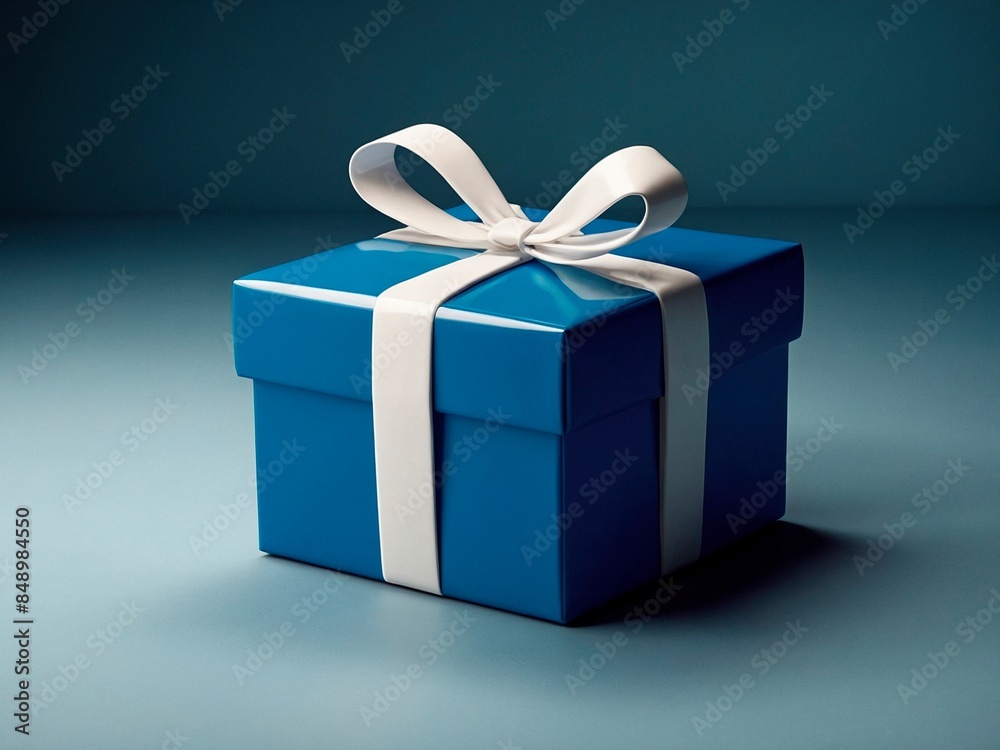 Beautiful 3d render of a blue gift box with white ribbon bow on a light blue cyan background. Anniversary birthday christmas holiday celebration surprise present illustration concept. Beautiful 3d render of a blue gift box with white ribbon bow on a light blue cyan background. Anniversary birthday christmas holiday celebration surprise present illustration concept.