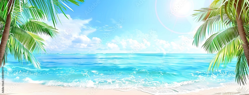 Obraz premium Idyllic Tropical Summer Beach with Palm Trees and Blue Sea under a Sunny Sky - Perfect for Vacation Travel Posters and Greeting Cards