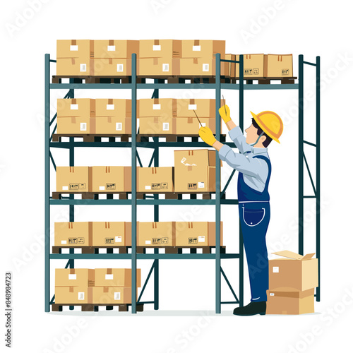 A warehouse worker is putting boxes on the rack in an cartoon vector illustration