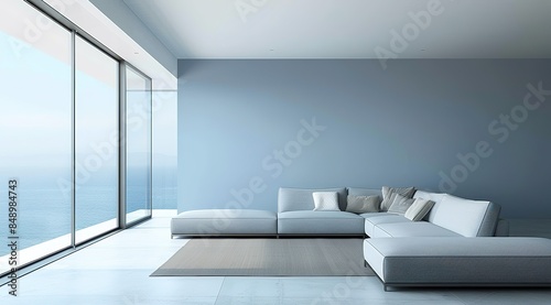 Modern minimalist living room interior with a grey sofa against a blue wall and floor-to-ceiling window. Featuring neutral colors and sparse furnishings.