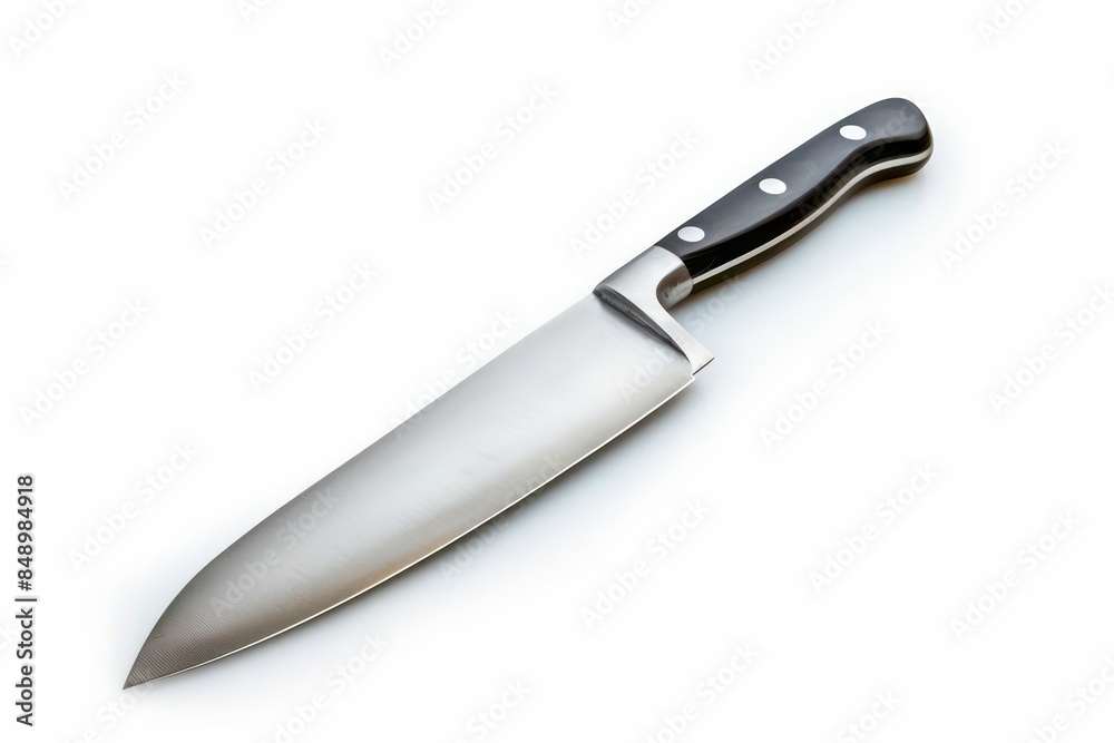 A sharp chefs knife with a polished blade and ergonomic handle isolated on a white background A sharp chefs knife with a polished blade and ergonomic handle isolated on a white background