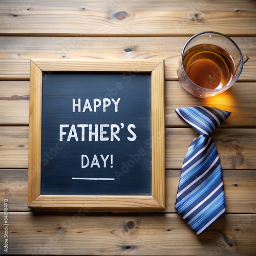 Fathers Day, father s day board with tie and glass  wooden back photo