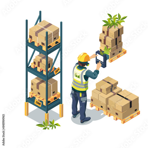 A warehouse worker is putting boxes on the rack, vector illustration with a white background