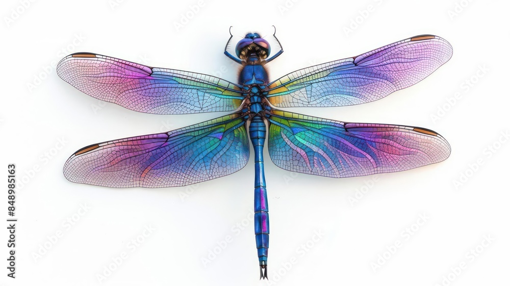 A sleek dragonfly with elongated body and iridescent wings isolated on a white background A sleek dragonfly with elongated body and iridescent wings isolated on a white background