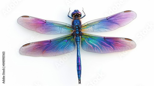 A sleek dragonfly with elongated body and iridescent wings isolated on a white background