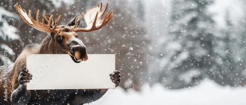 A majestic moose holding a large blank white sign looking at the bright background, perfect for customization photo