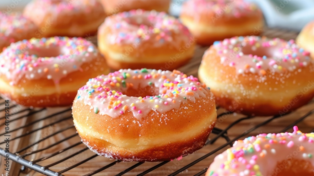 Donuts that are newly baked displayed on a cooling rack