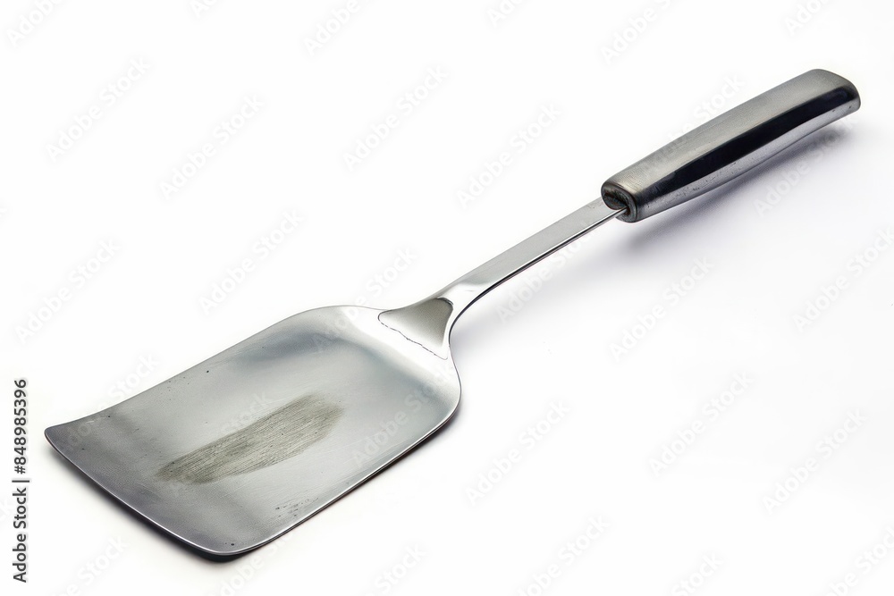 A sleek stainless steel spatula with a comfortable handle isolated on a white background A sleek stainless steel spatula with a comfortable handle isolated on a white background