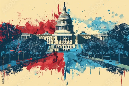 illustration of US Capitol with one half red and the other half blue, republicans vs democrats concept advertisement style,.