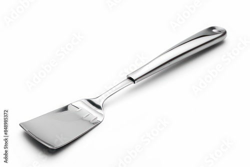 A sleek stainless steel spatula with a comfortable handle isolated on a white background